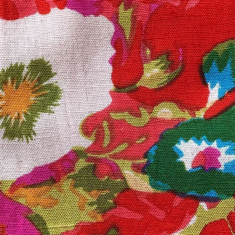 Vintage 90s Dress Cherry Red Hot Pink Floral Detail Square Neck Sleeveless Linen Size M - Image 8