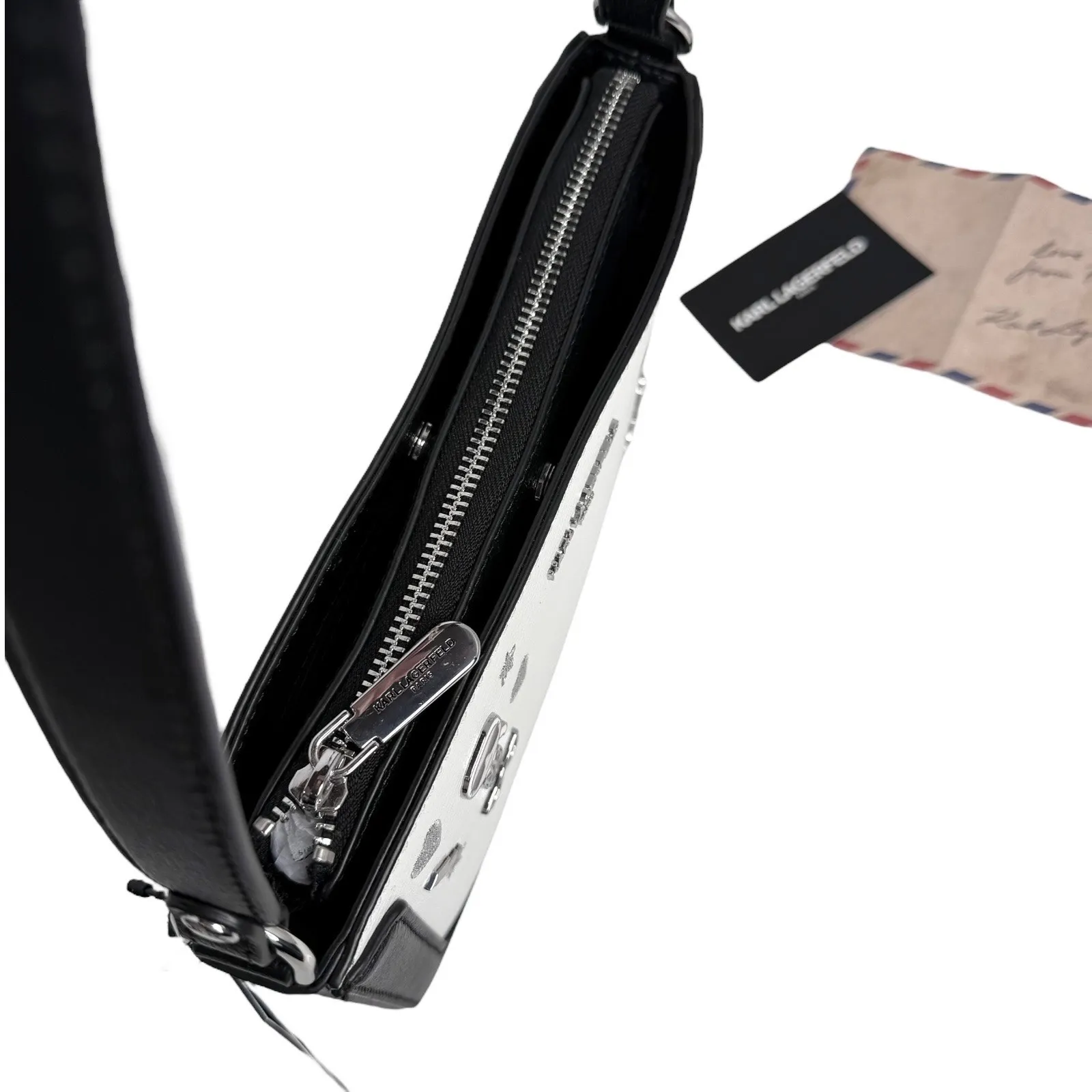 Karl Lagerfeld LEATHER SHOULDER BAG Black & White Handbag Mini Purse 10"x6" NWT! - Image 10