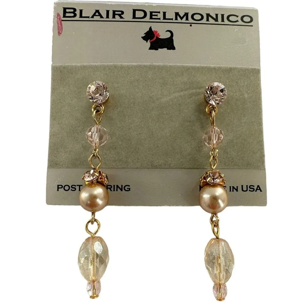 NEW/NWT Blair Delmonico Blonde Crystal and Pearl Dangle Drop Earrings Gold - Image 2