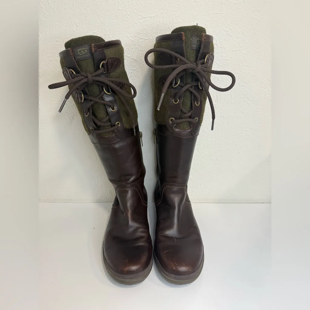 UGG Elsa Waterproof Leather Boots Brown & Green Wool Women’s Size 7 - Image 4