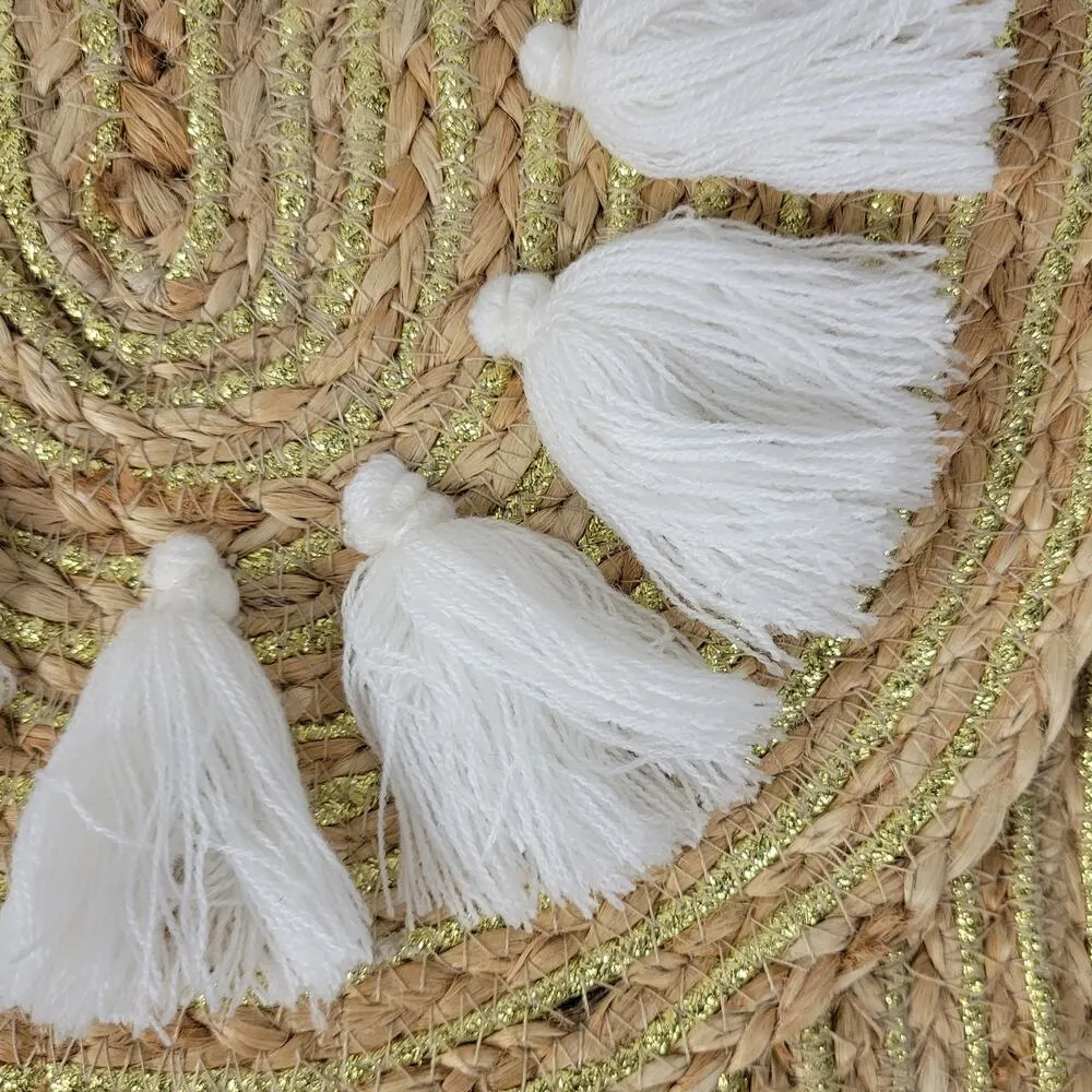 Mudpie Womens Envelope Clutch Beige Woven Straw Metallic Tassels Boho Handmade - Image 8