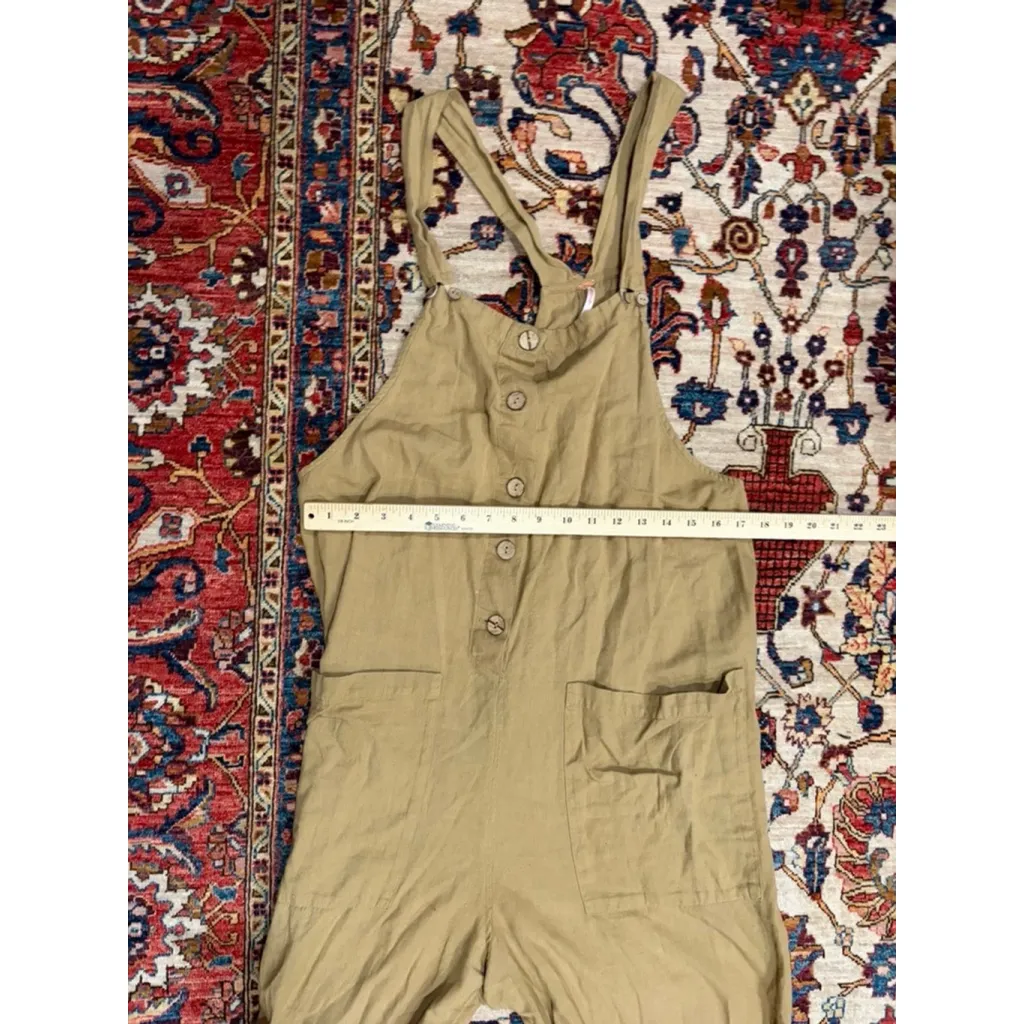 Free People Button Front Overalls Women’s Large Khaki Tan Slouchy Boho - Image 3