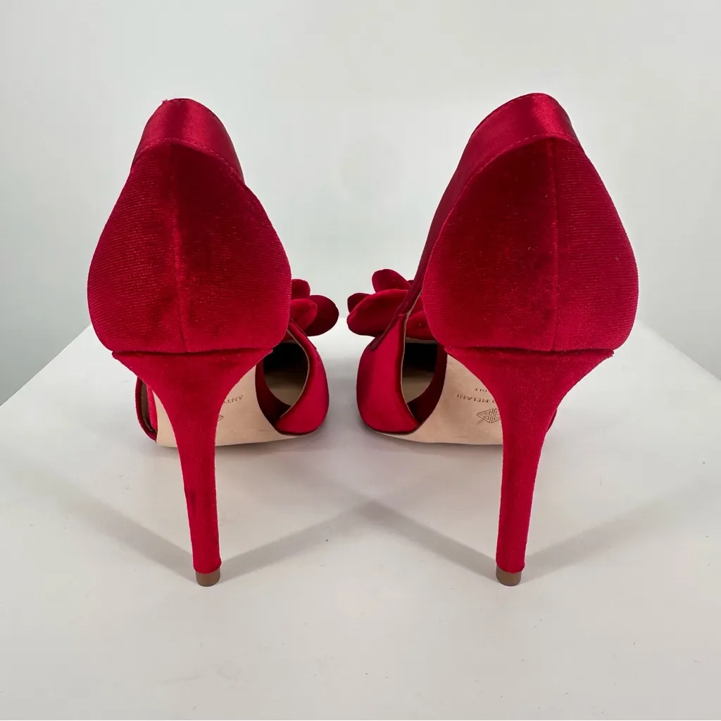 Antonio Melani Ester Red Velvet High Heels size 8 Side Cutouts Romantic Rosette - Image 6