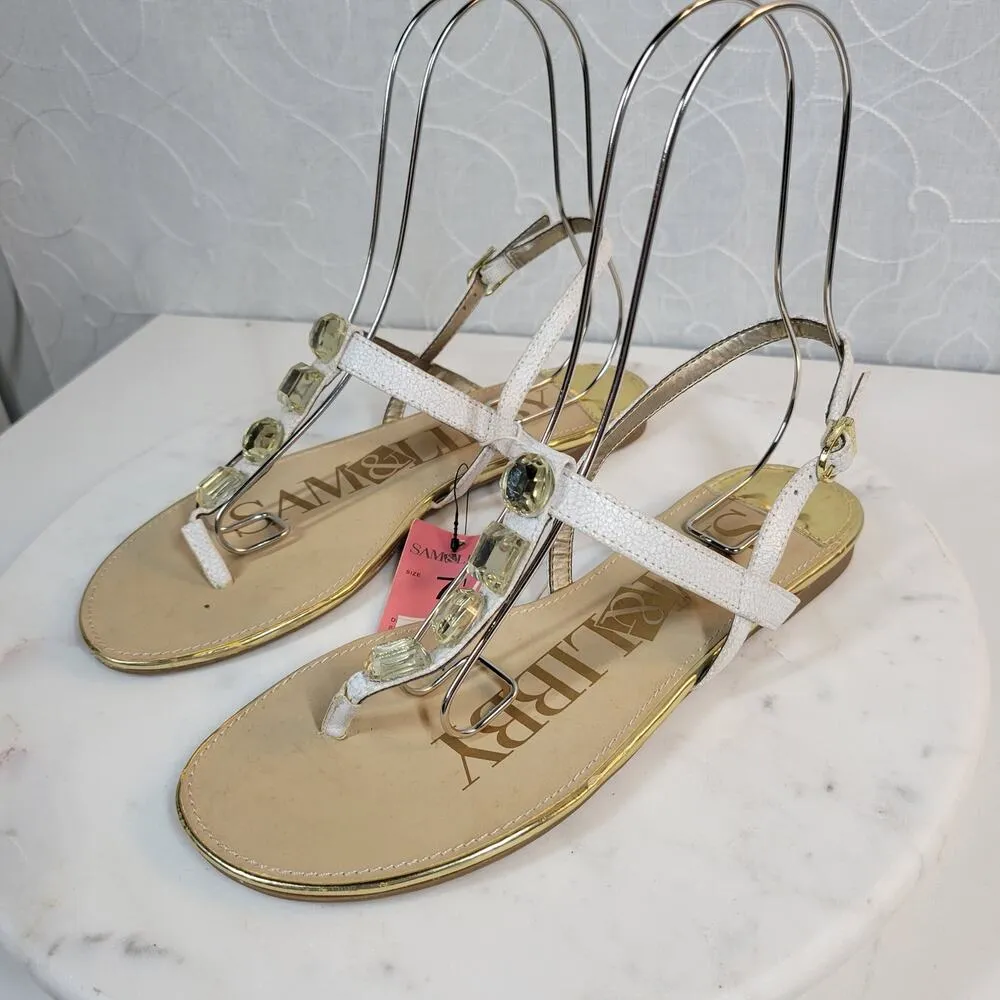 Sam & Libby Womens Sandals 7.5 White Faux Leather T-Strap Jeweled Flat Thong NEW - Image 2