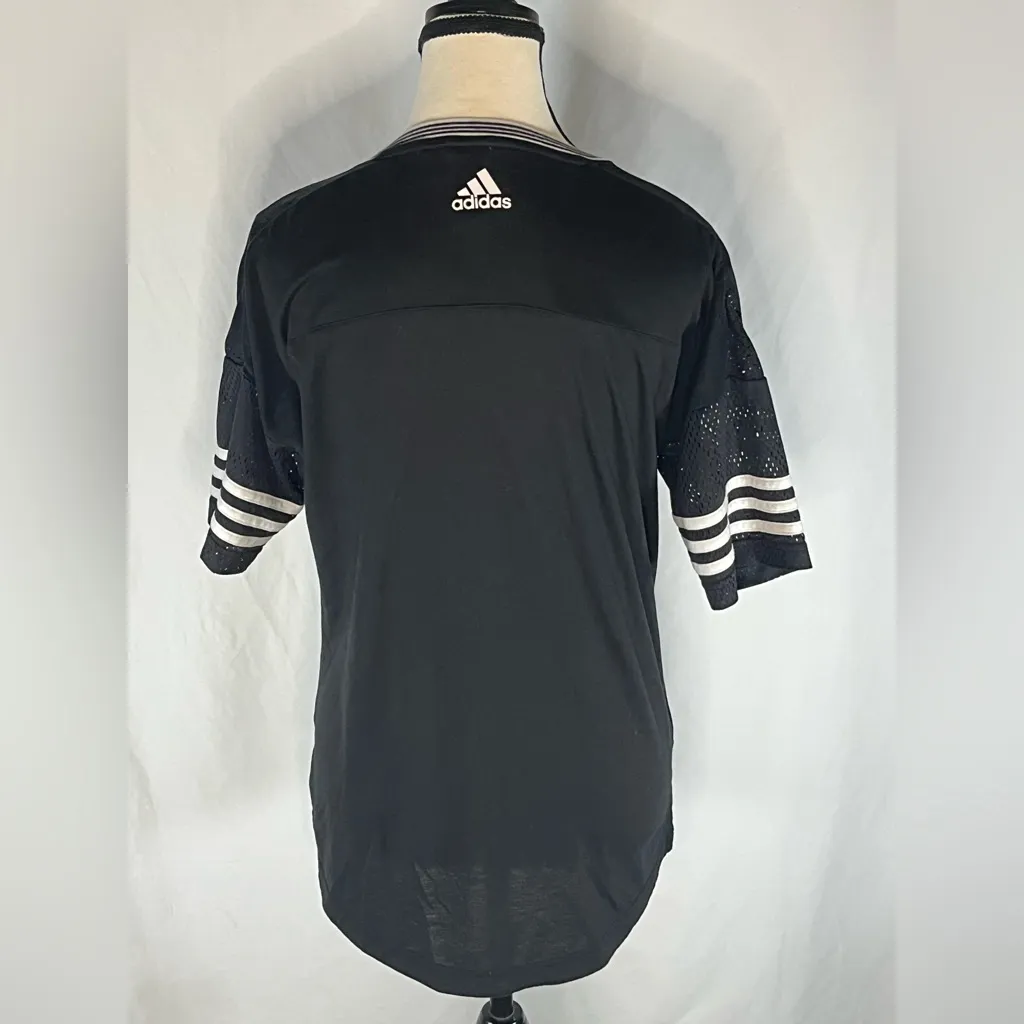 Adidas Performance Mesh Sleeve  V-Neck Women’s Sport Shirt Black w/White Stripes - Image 5