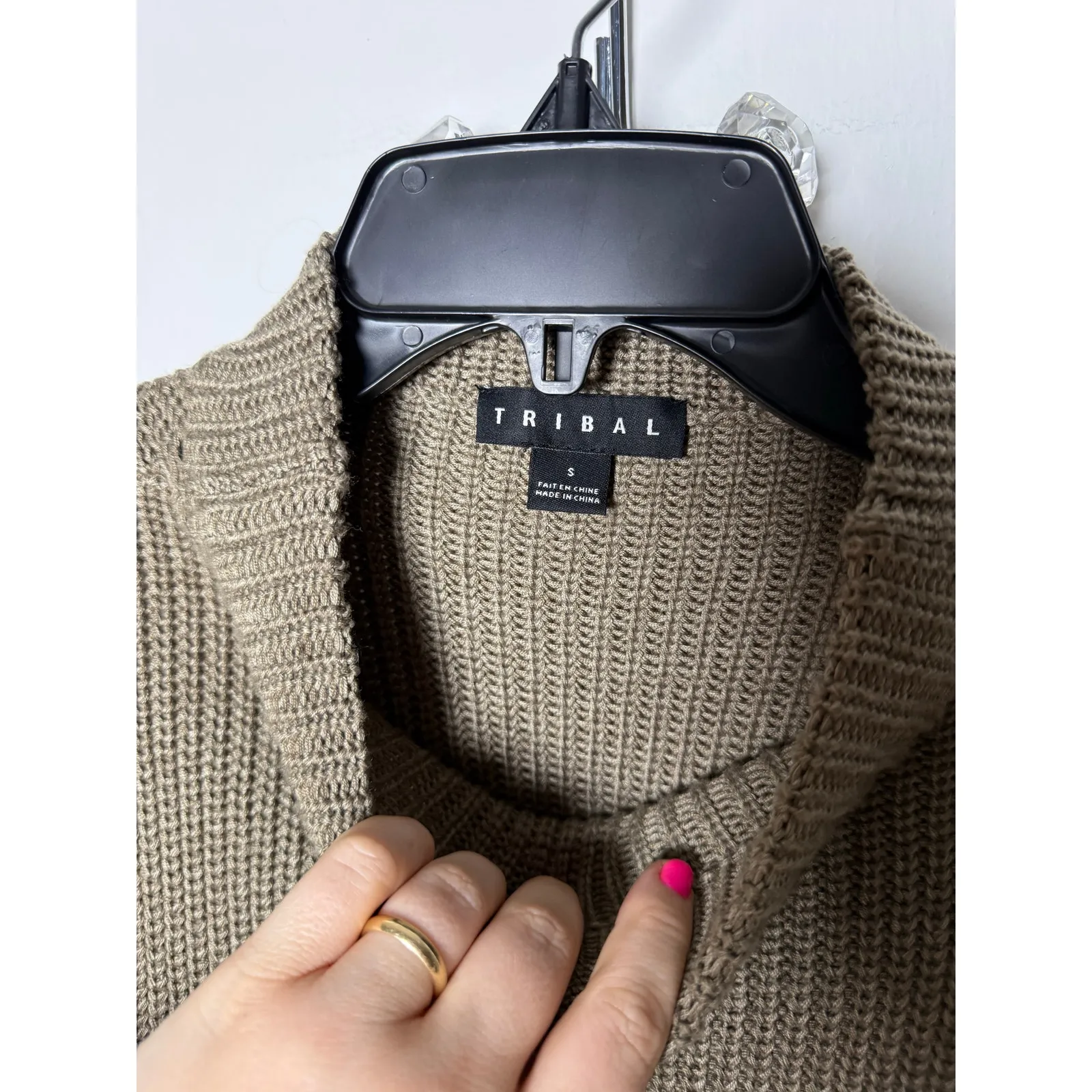 Tribal Chunky Knit Mock Neck Sleeveless Tank Tan Long Tunic Sweater Small Chic - Image 4