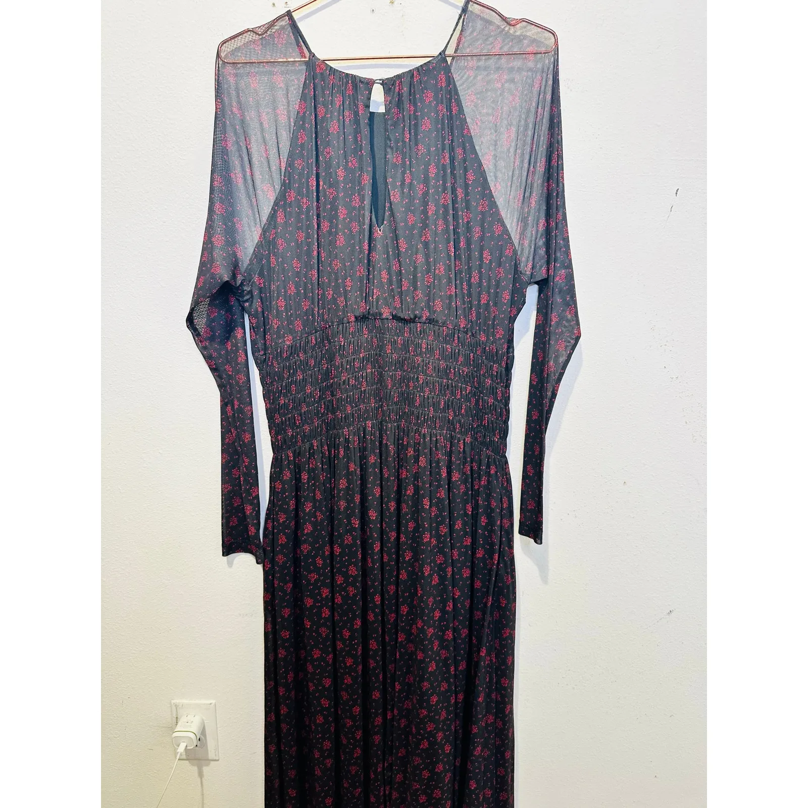MADEWELL Black Red Smocked Midi Floral Print Sheer Lined Dress size XXL - Image 11