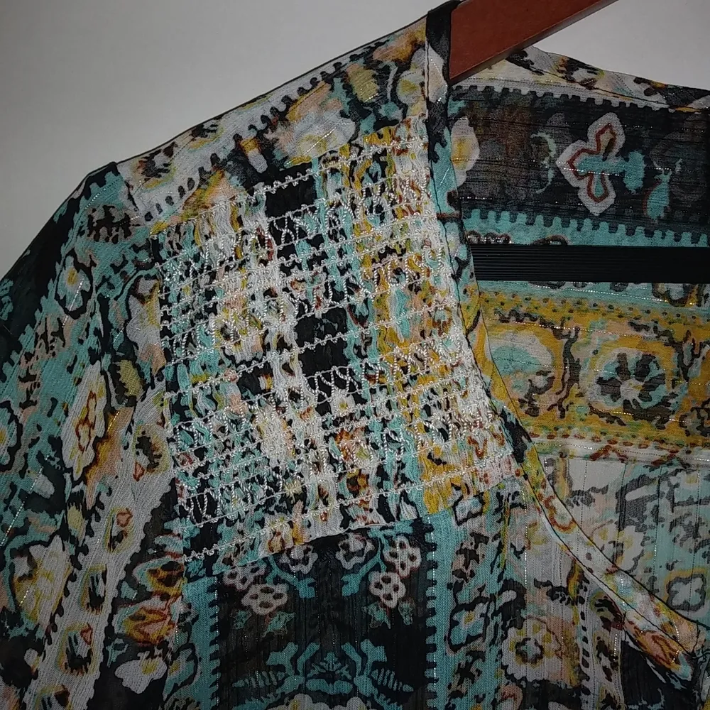 Style & Co. L Turquoise Gold Design Boho Top - Image 9