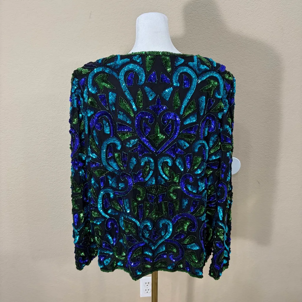 Vtg Stenay Womens Multi Colored Sequined and Beaded Cardigan Retro Funky Hippie Blue Size L - Image 6