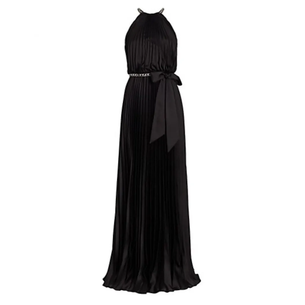 ML Monique Lhuillier Satin Chain-Link Belt Pleated Gown, Black Size 8 NWT $695 - Image 3