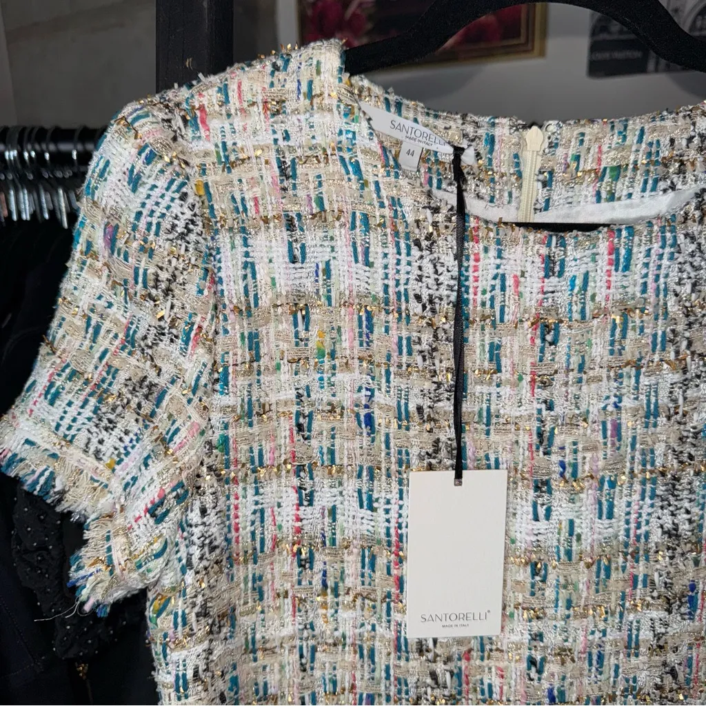 Santorelli Multicolor Metallic Fringed Tweed Shift Dress NWT $495 White Size 8 - Image 4