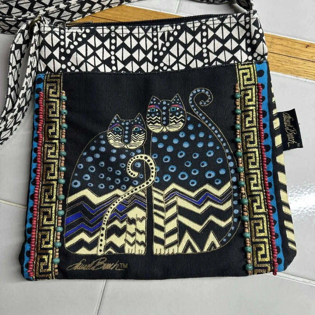 Laurel Burch Beaded Canvas Cat Print Crossbody Bag Black/Multicolor Black - Image 2