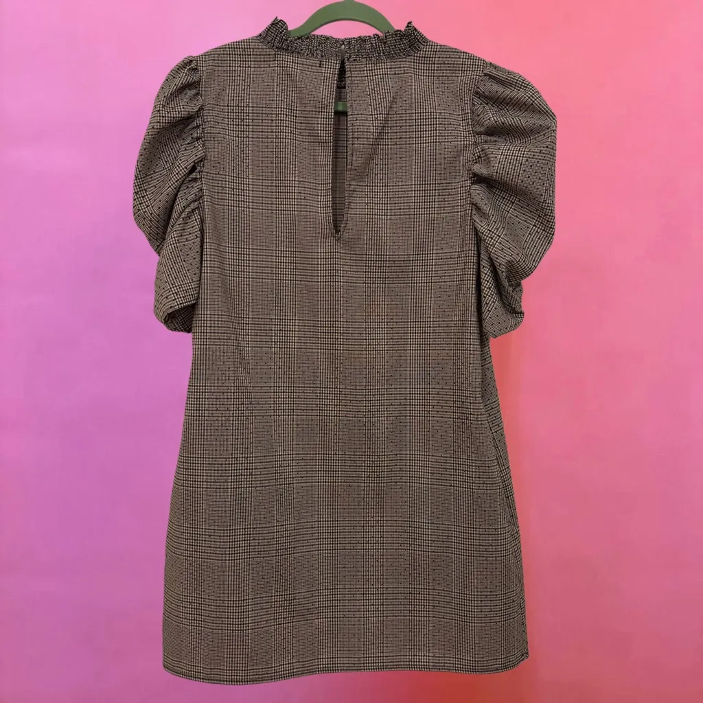 Zara Brown Plaid & Polka Dot Puff-Sleeve Babydoll 60s Style Shift Dress - Medium - Image 11