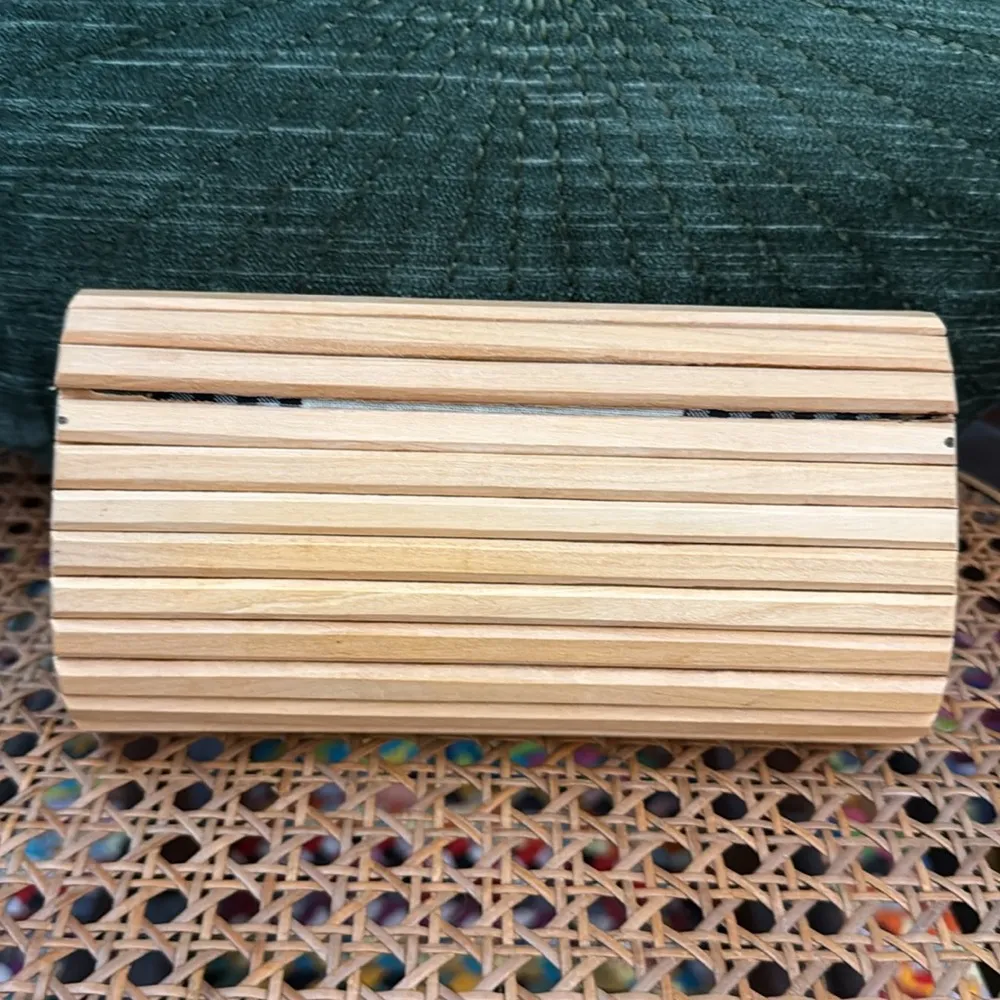 Vintage Glorinha Paranagua Blonde Wood Gingham Lined Snap Closure Clutch Bag - Image 2