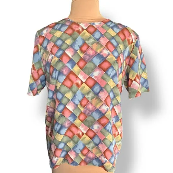 Vintage Blouse Harlequin Checkered Print Padded Shoulders Pastel Diamond Large Yellow - Image 2