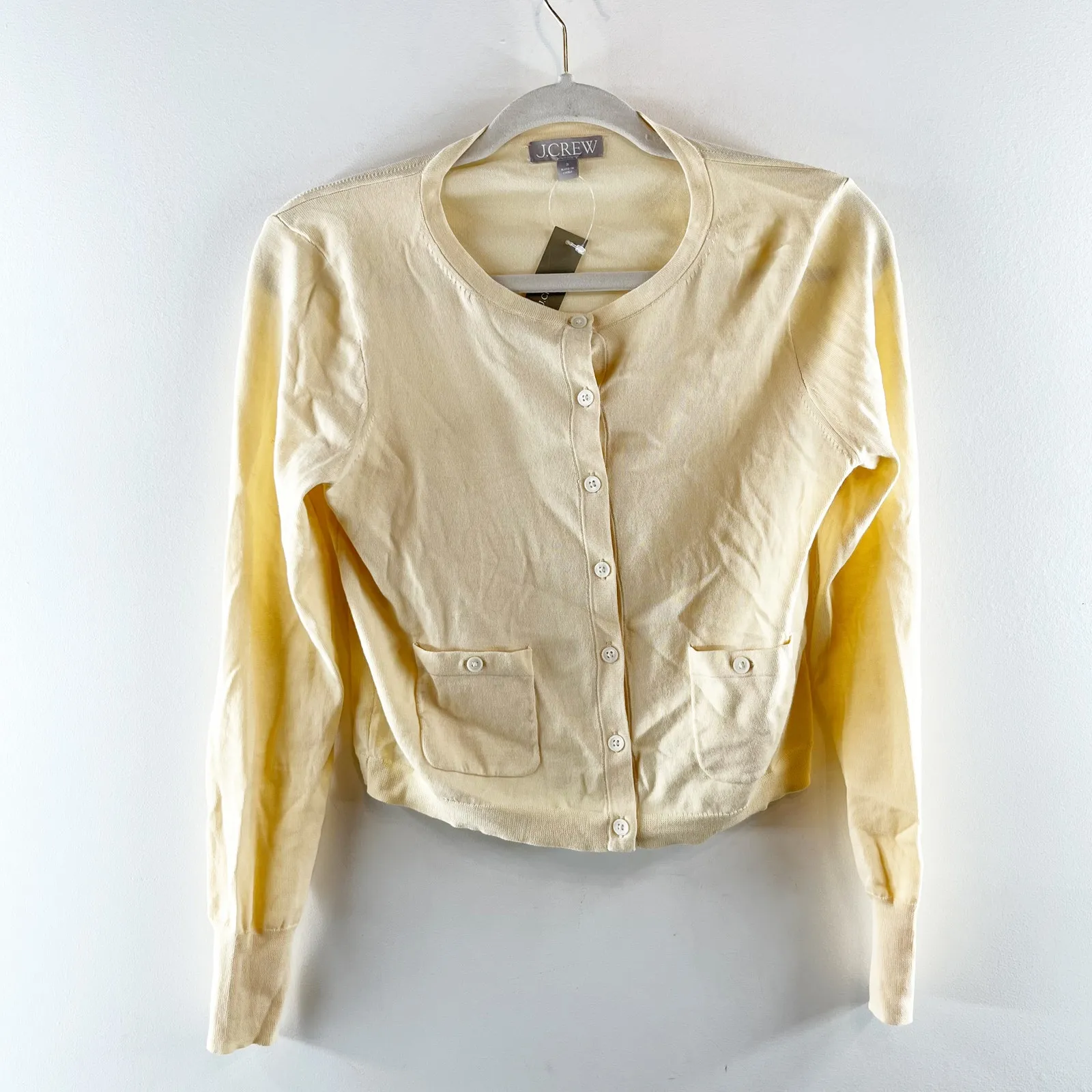 J. Crew Long Sleeve Crewneck Cardigan in Premium Ultrafine Cotton Butter Yellow - Image 3