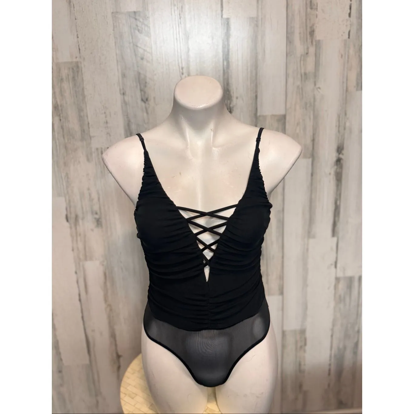 Windsor Black Lace Up Bodysuit Women’s M – Sheer Mesh Back, Ruched Front, Sexy N - Image 2