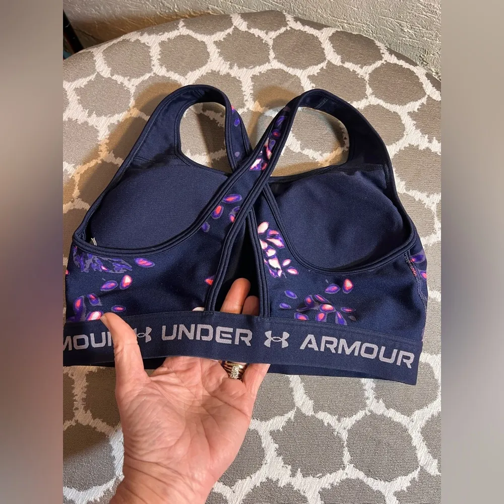 Under Armour Navy / Purple Sports Bra with Pink Floral Pattern athletic running - Image 2