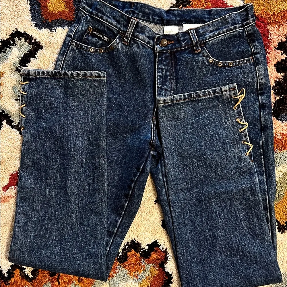 Vintage Western Ethics Jean Lace Tie Detail high rise high waist country denim Size 8 - Image 3
