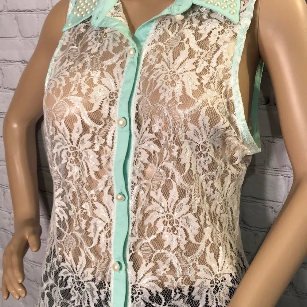 Grass Collection Sheer Lace Sleeveless Top Jrs L - Image 3
