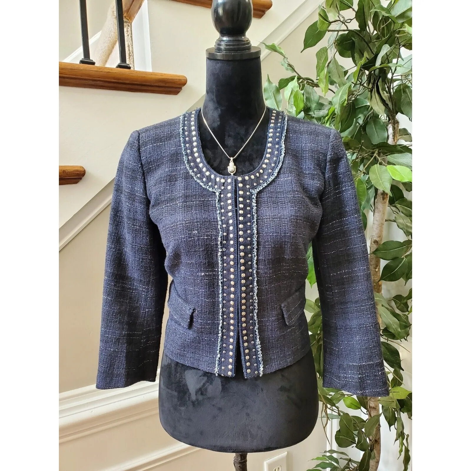 Ann Taylor Loft Women's Blue Cotton Long Sleeve Casual Crome Studded Blazer 4 - Image 11