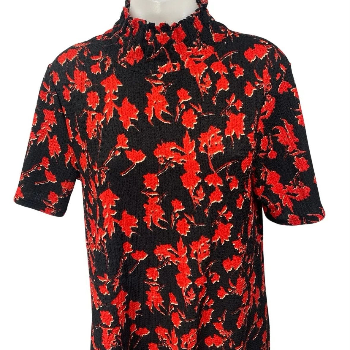 Zara Black Red Floral Short Sleeve Ruffle Turtleneck Mini Shift Dress Size M - Image 3