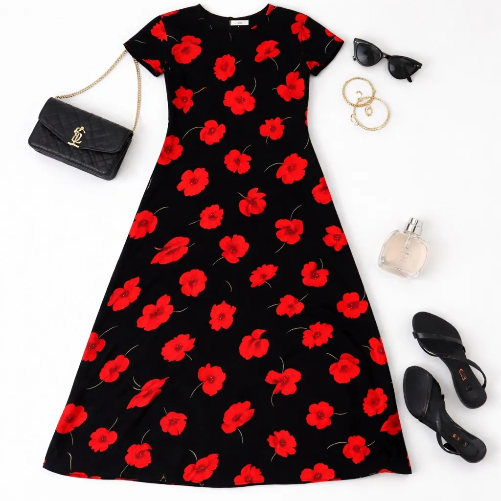 Valerie Stevens NWT Silk Maxi Dress Black Red Floral Poppy Size 12 Vintage Rare - Image 11