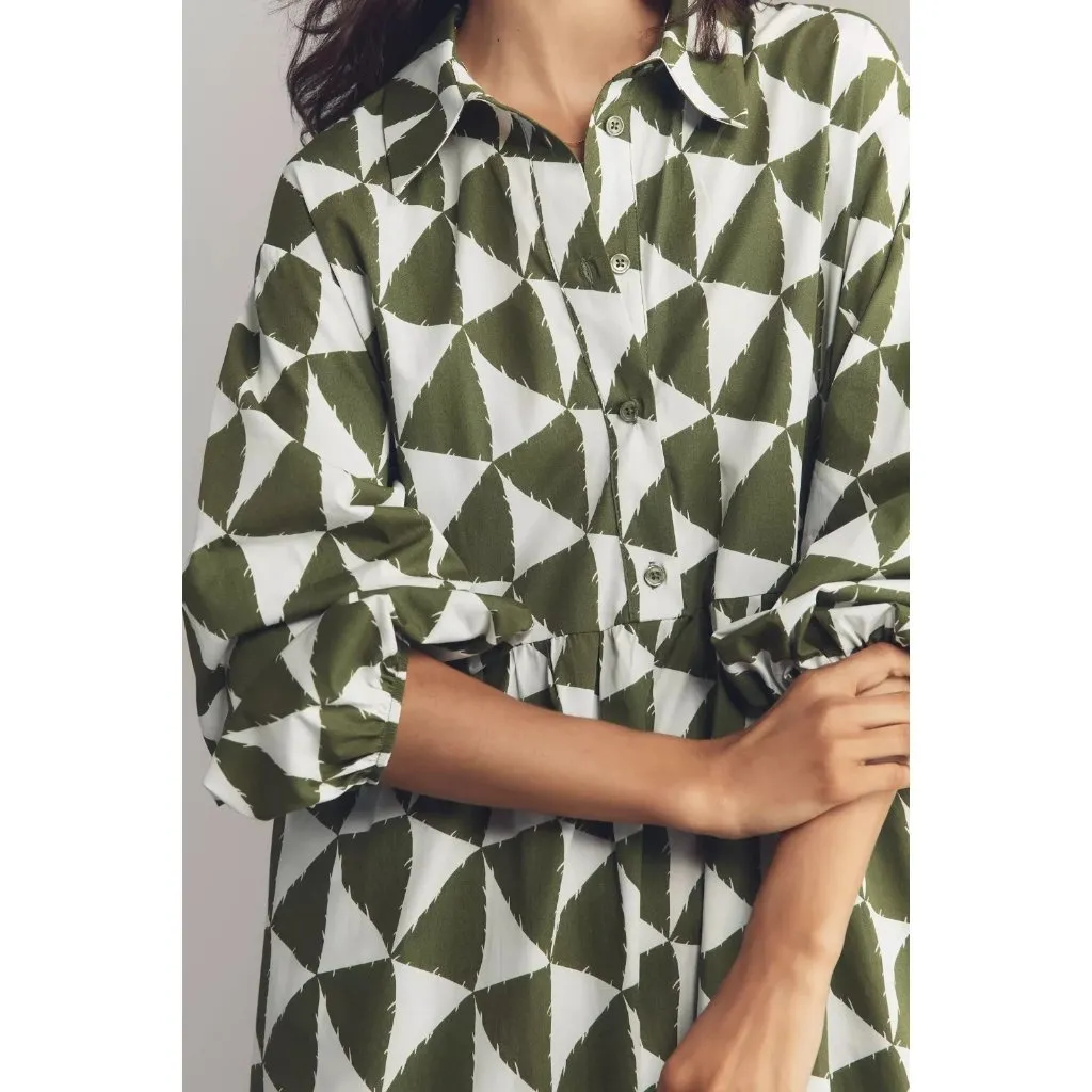 NWT Anthropologie Maeve Bettina in Green & White Traingles Cotton Shirt Dress XL - Image 2