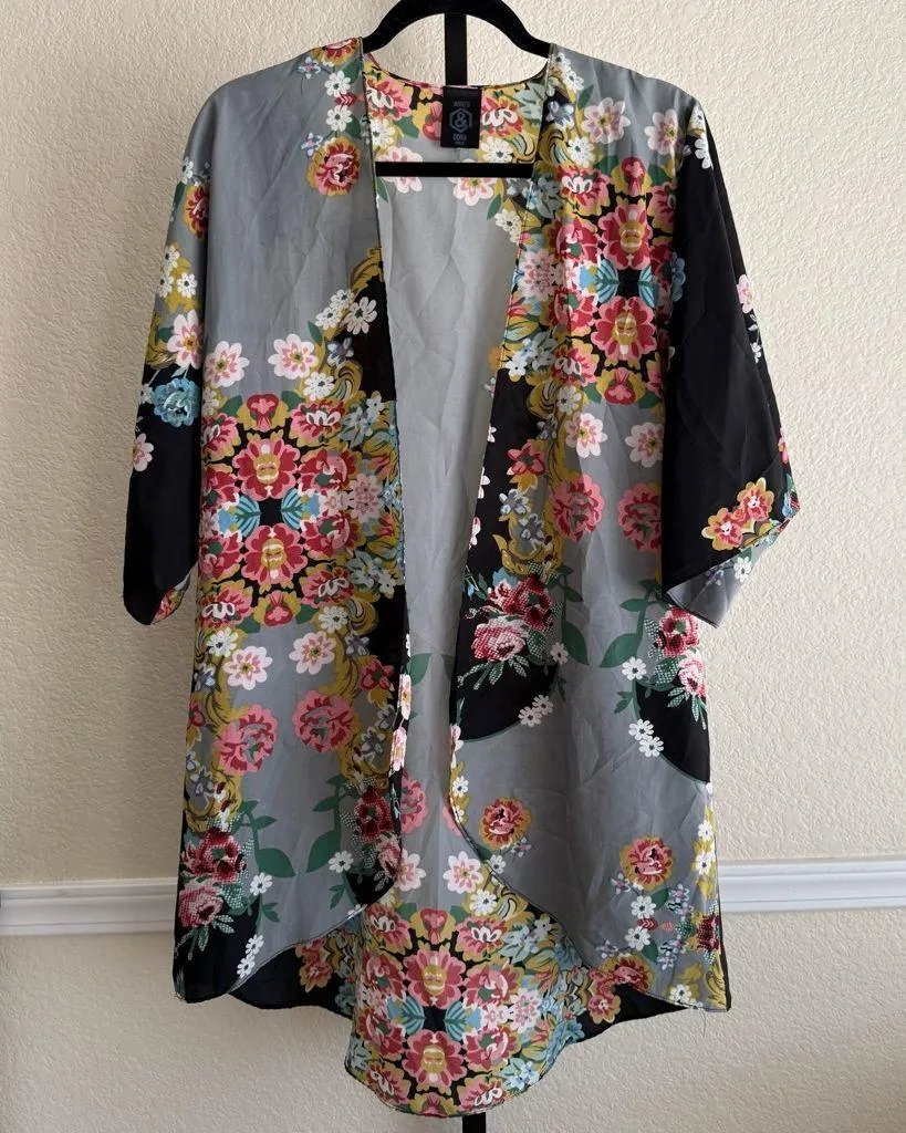 Floral Black Kimono Chic Sheer Lightweight Duster Open Front Oversized Cover Up - Image 1
