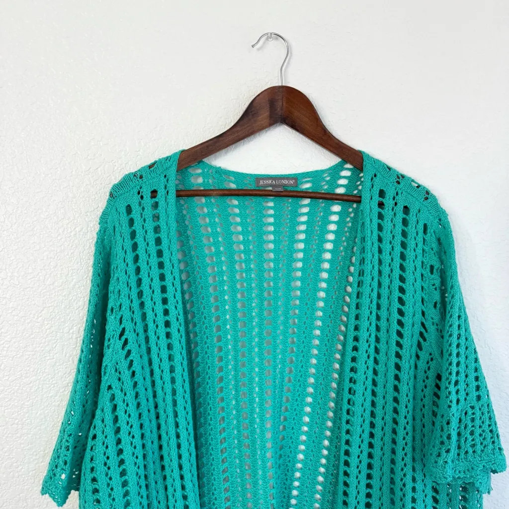 Jessica London Womens Duster Teal Crochet Short Sleeve Plus Size 26/28 - Image 3