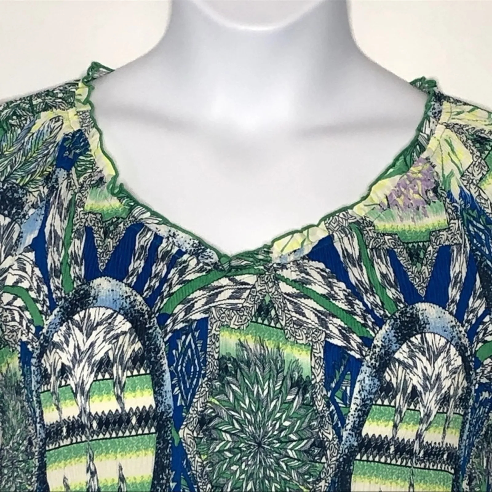 Sharagano Retro Crinkle Babydoll Blouse Blue Green Graphic Long Sleeve S - Image 6
