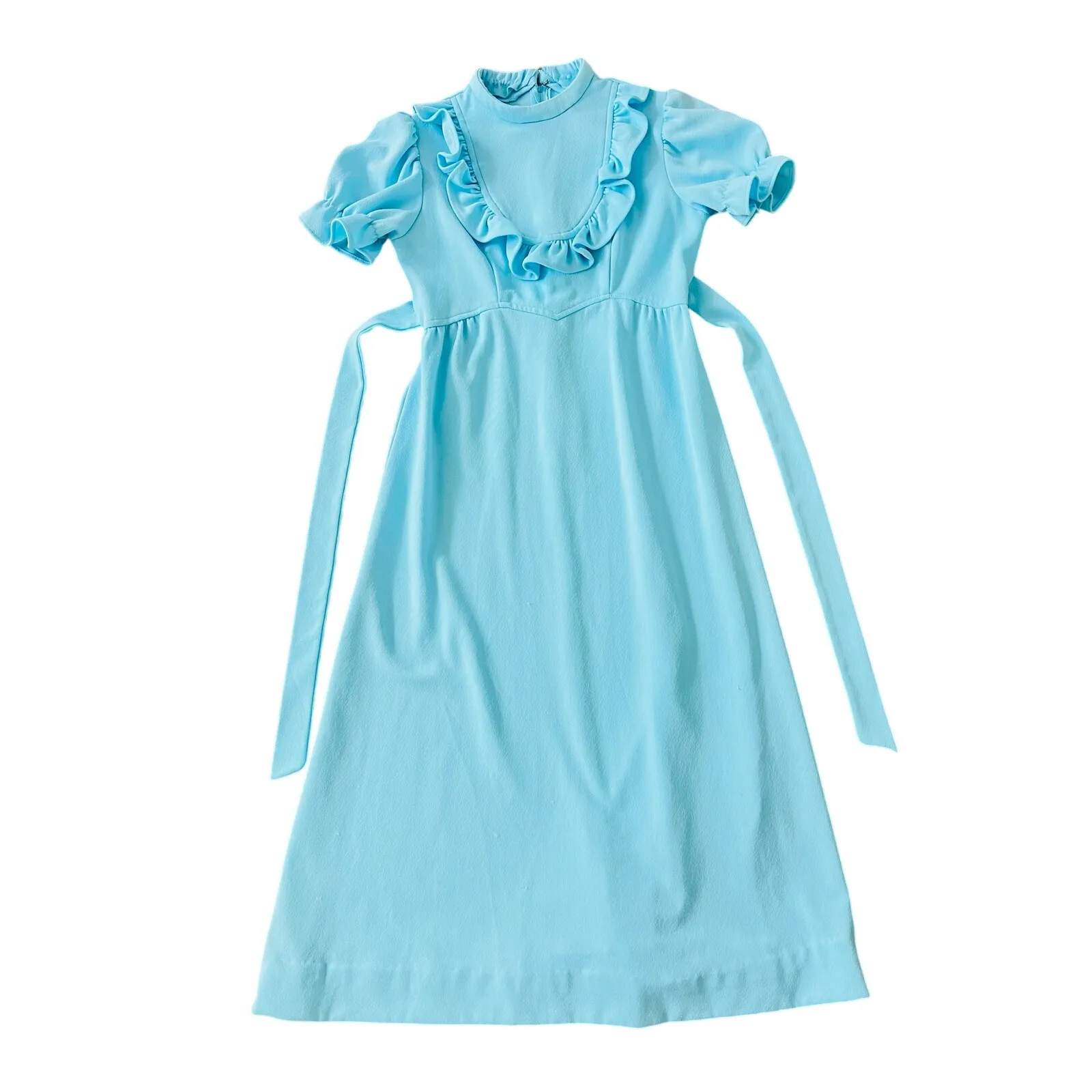 Vintage 1960s 1970s Turquoise Princess Maxi Dress Empire Waist Ruffle Blue Size M - Image 6