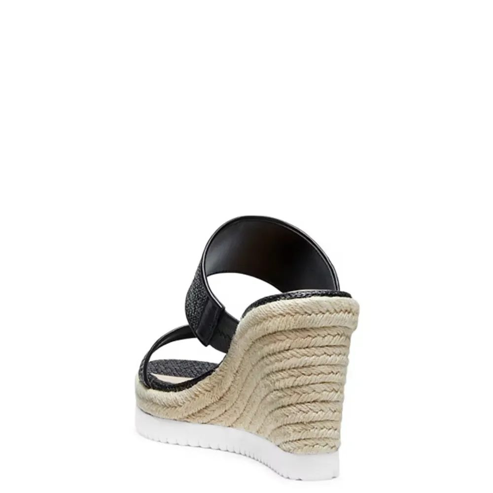 Stuart Weitzman Mykonos Two-Strap Wedge Sandals Herringbone Raffia & Black 38.5 - Image 3