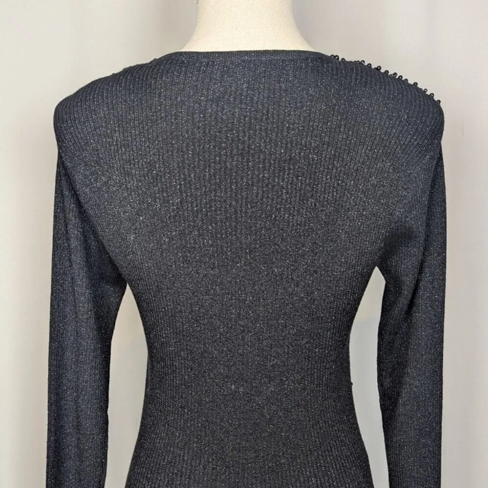 Y2K Cache Scoop Neck Rib Knit Beaded Metallic Sweater Black - Image 10
