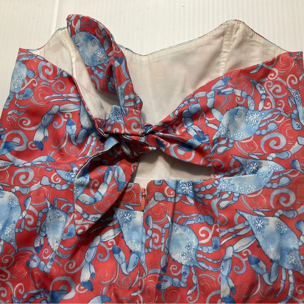 Kaeli Smith Maryland Blue Crab Print Strapless Dress With Tie Back Sz 4 Preppy Pink - Image 8