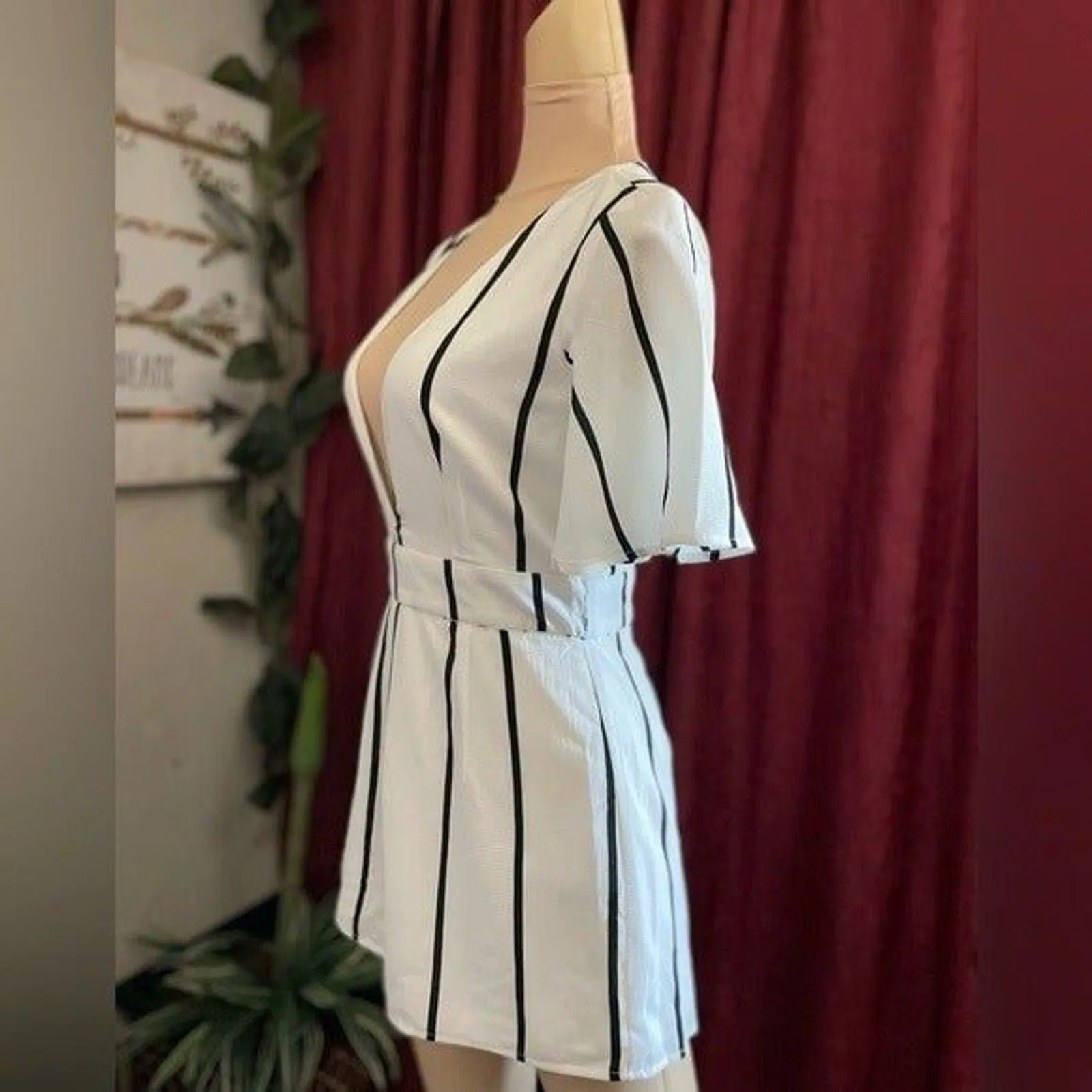 CB Parallel Lines v Neck Romper Stripe black white bell sleeve small shorts. - Image 12