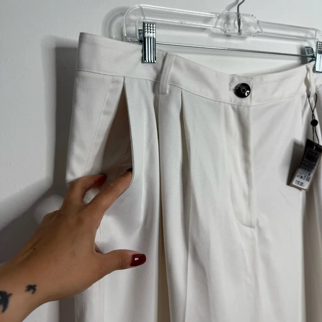 NWT Massimo Dutti Wide Leg Trousers Pleated‎ Front In Cream Size 12 - Image 4