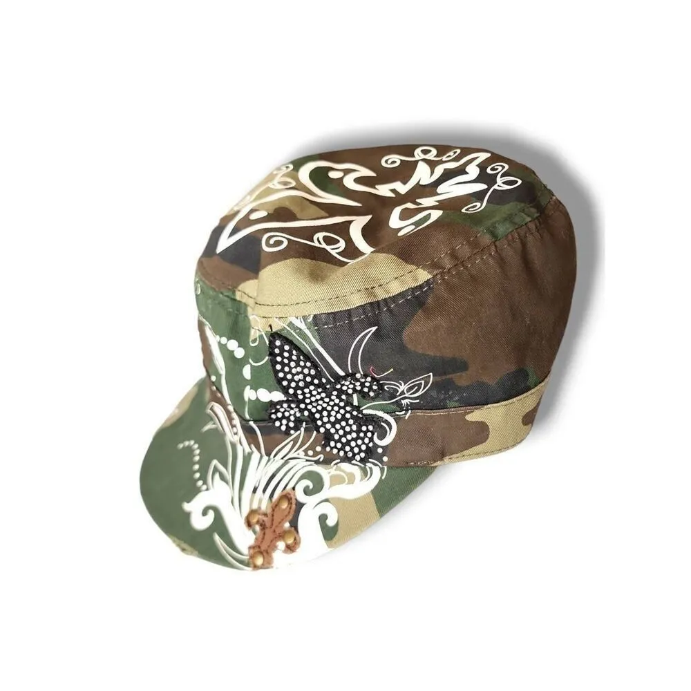 Vintage Y2K Cyber‎ Grunge Western Products Green Camo Rhinestone Cross Army Hat - Image 2