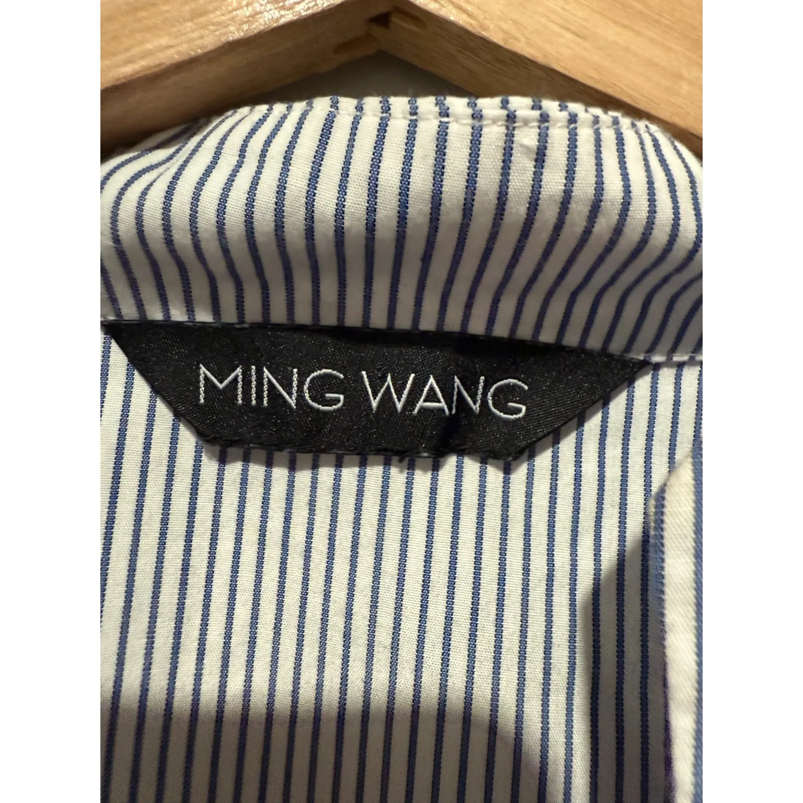 Ming Wang Striped Button Up Top Women Sz L Gray White Long Sleeve Peplum - Image 3