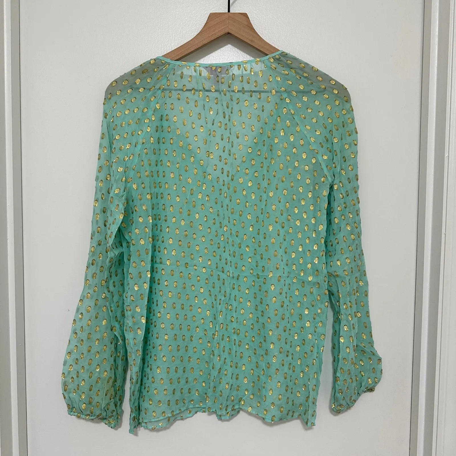 LILLY PULITZER | Rilla Silk Blend Seafoam Green Gold Dot Tassel Blouse Top, S - Image 4