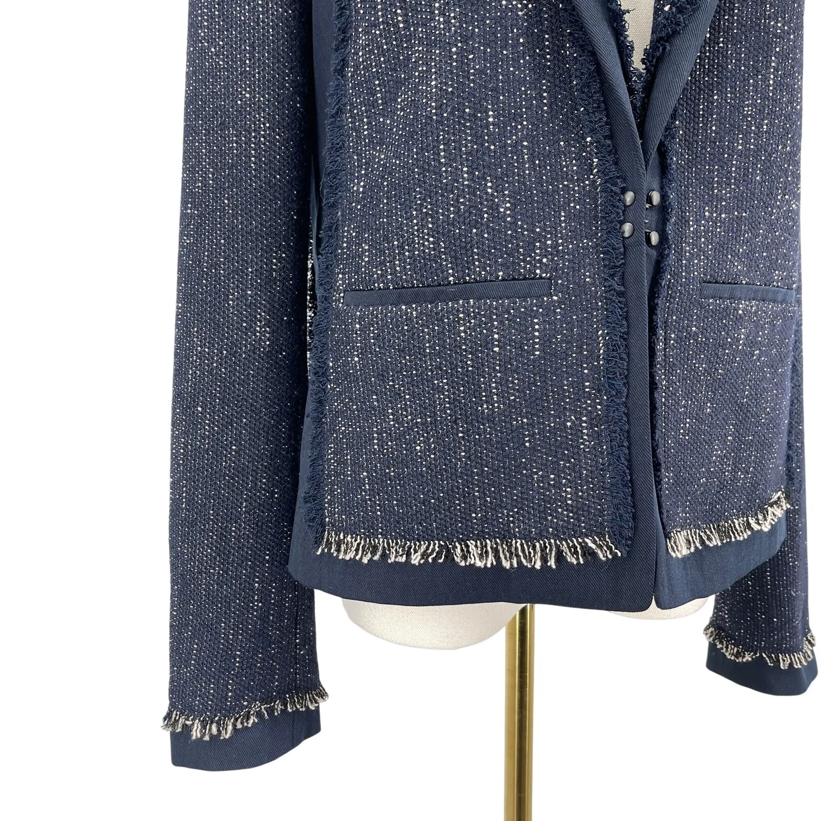 Vince Tweed Fringe Blazer Jacket Women S Navy Blue Open Front Quiet Luxury - Image 2