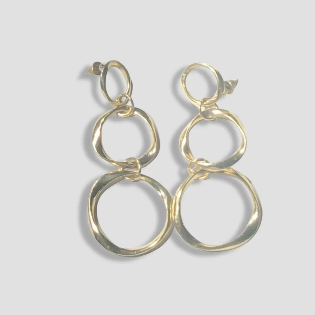 Hammered Drop Earrings Triple Linked Open Circle Hoops Post Back Closure Gold OS - Image 2