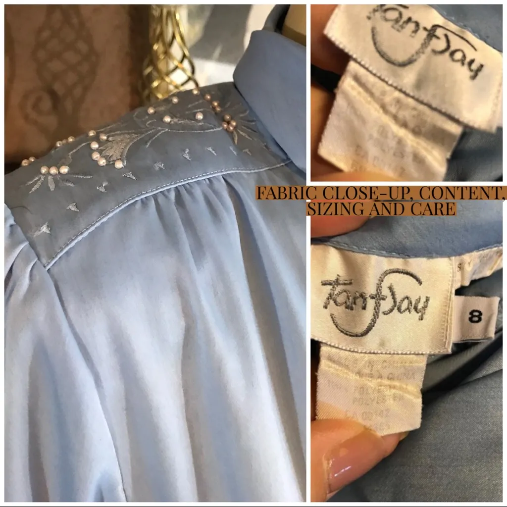 VINTAGE 1980'S TAN JAY BLUE HIGH NECK BLOUSE W/FAUX PEARL SHOULDER DETAIL (8) - Image 12