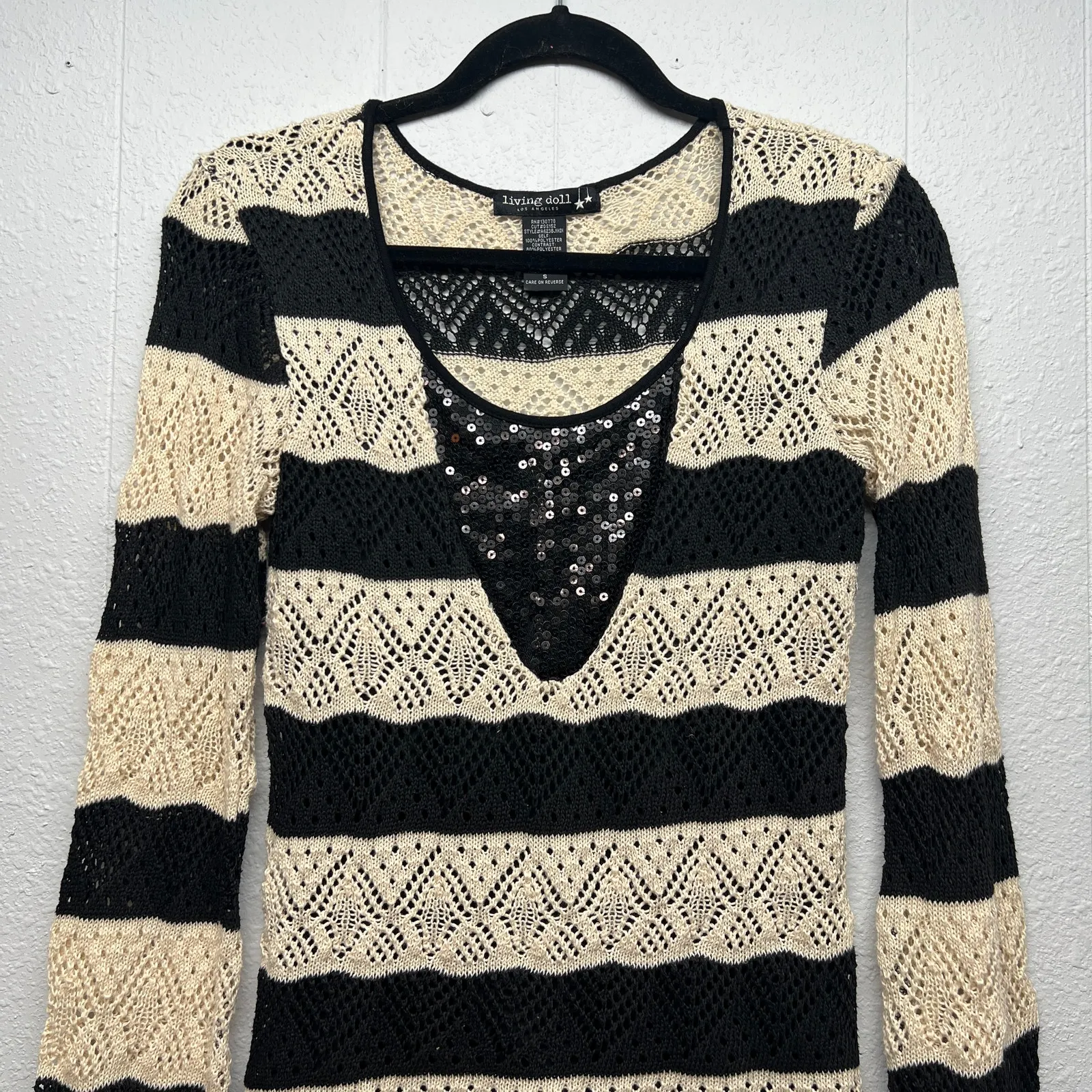 Living Doll Sequin Sweater Womens Small Open Knit Fairy Boho Y2K Whimsigoth - Image 3