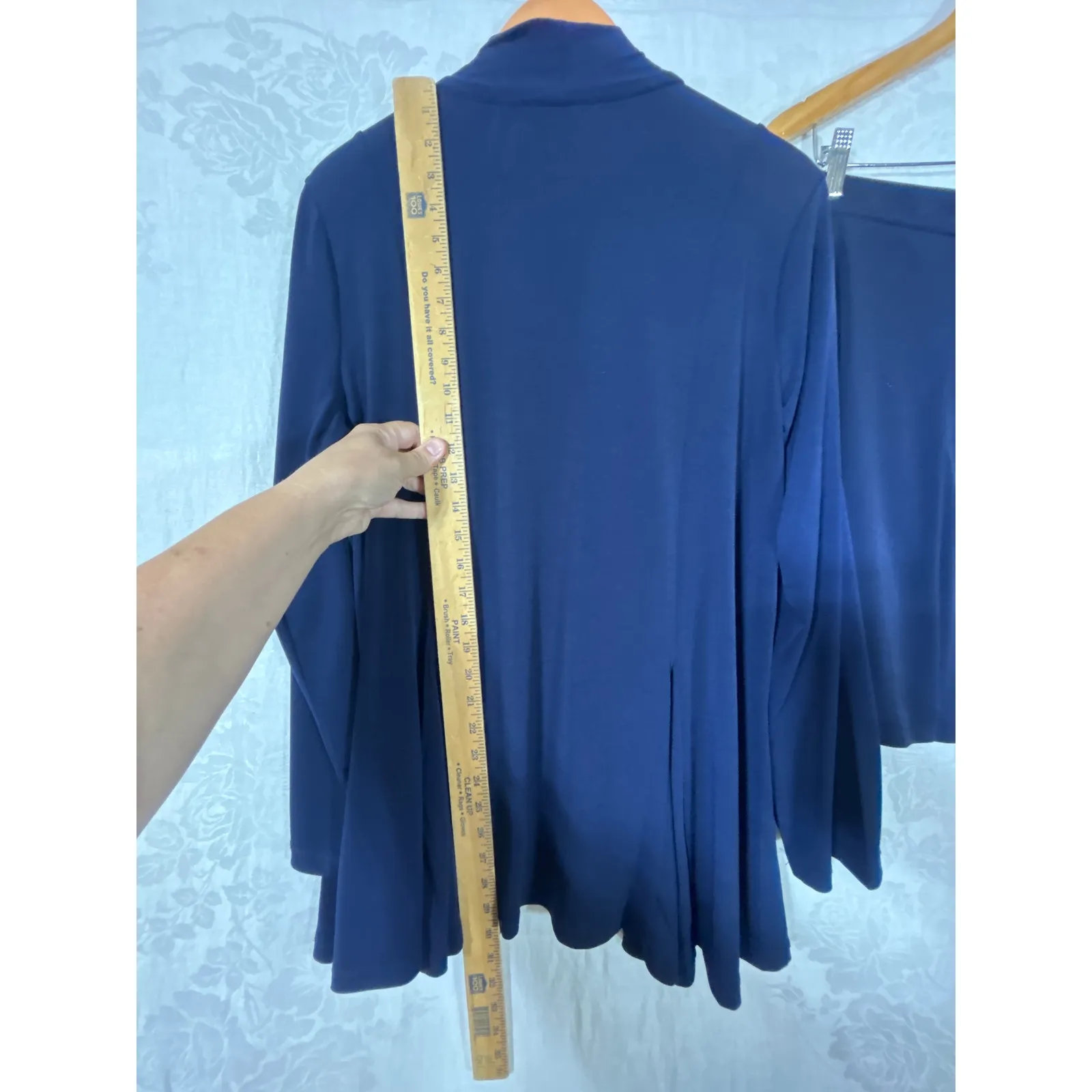 Susan Graver Skirt Jacket Set Large Navy Blue Skort Shorts Cardigan Liquid Knit - Image 9