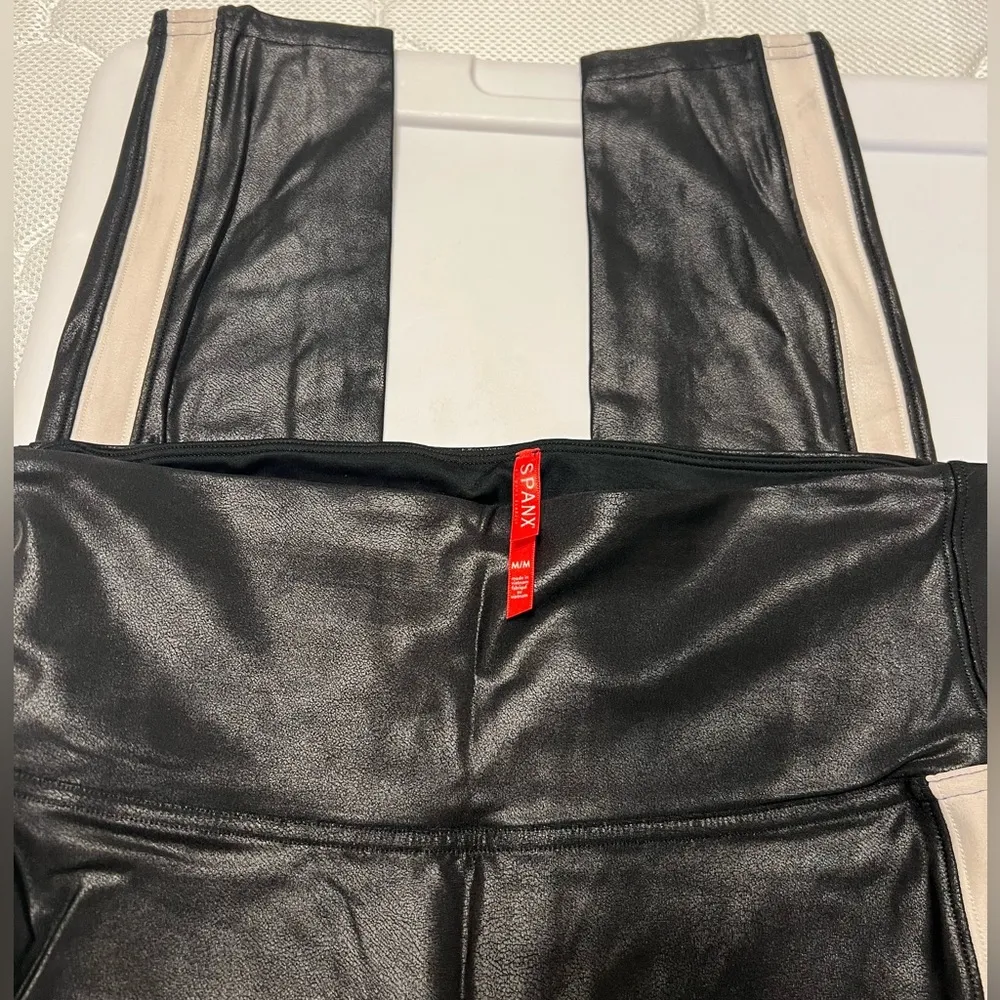 Spanx Black Faux Leather Pants with White Stripes - Image 6