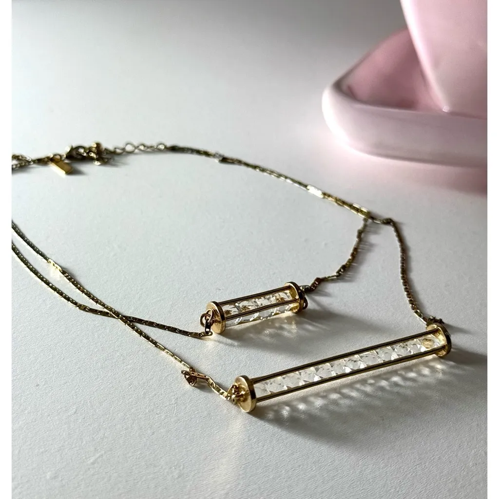 Topshop Gold Tone Rhinestone Faux Diamond 2-Row Dainty Pendant Necklace OS - Image 9