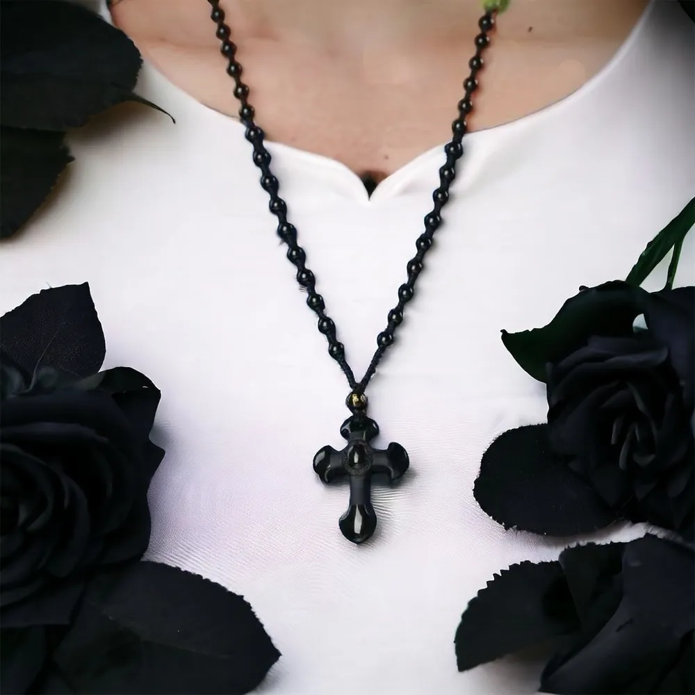 1pc Classic Religious Style Christian‎ Cross Fashion Obsidian Pendant Necklace Black - Image 13