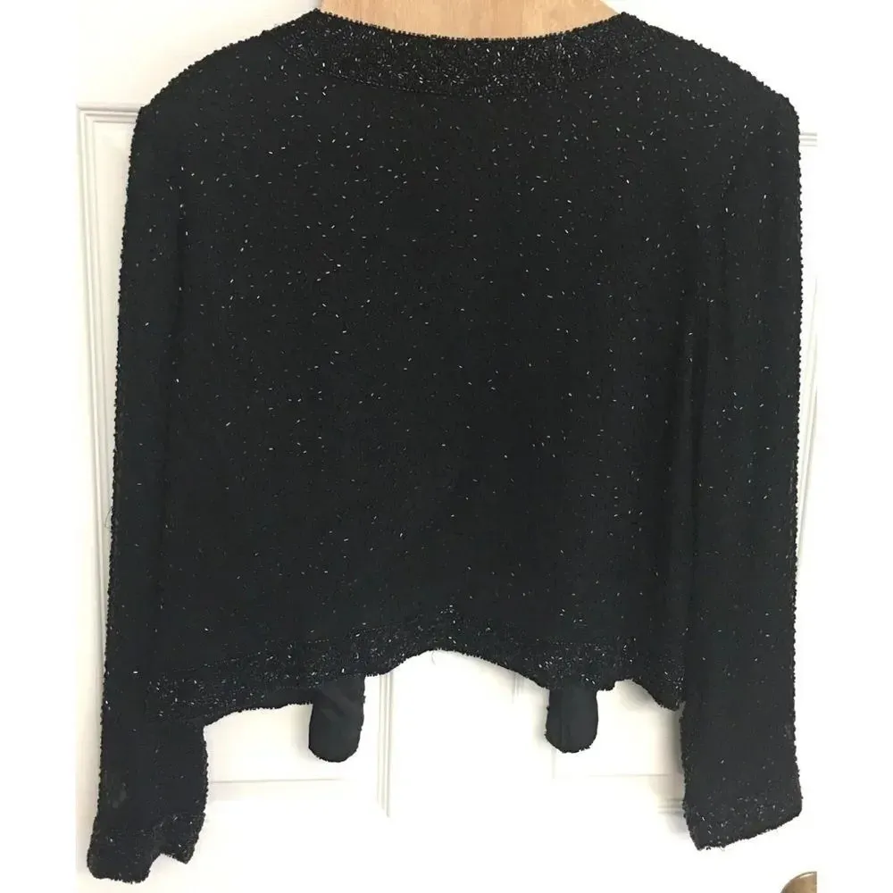 Vintage Silk Beaded Jacket Elegant Formal XL Retro Elegant Fancy Dressy Party Black - Image 4