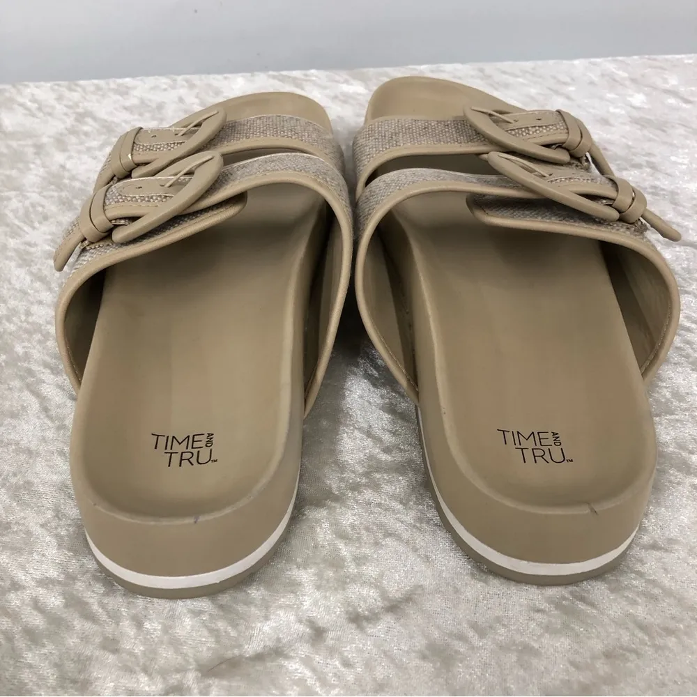 Time & Tru womens canvas size 9 beige & brown double strap slide on sandals - Image 5